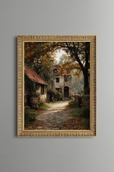 epiqart Stone Houses and Village Road in Autumn - Vintage Patterned Painting ...