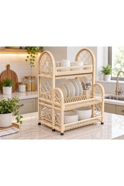 Dove Shelf Dish Storage Rack with Tray, Plastic Kitchen Dish Organizer, ,Beige
