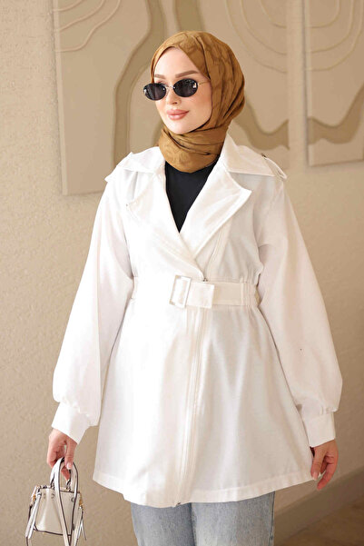 İmajButik White Waist Drawstring Belt Detailed Zippered Jacket