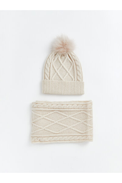 LC Waikiki Pompon Detailed Knitwear Girls' Beanie and Neck warmer