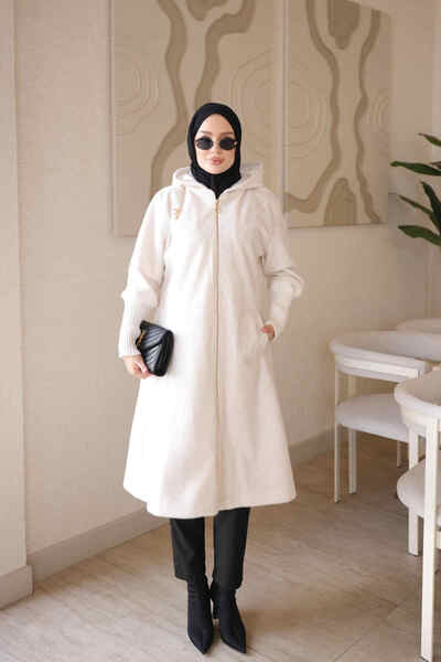 İmajButik معطف أنجورا كريمي اللون بغطاء للرأس