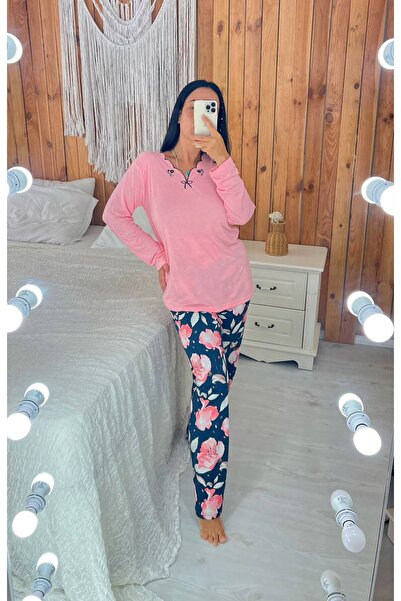 ByGamzeArman Pink Navy Blue Floral Collar Embroidery Detailed Long Sleeve Cot...