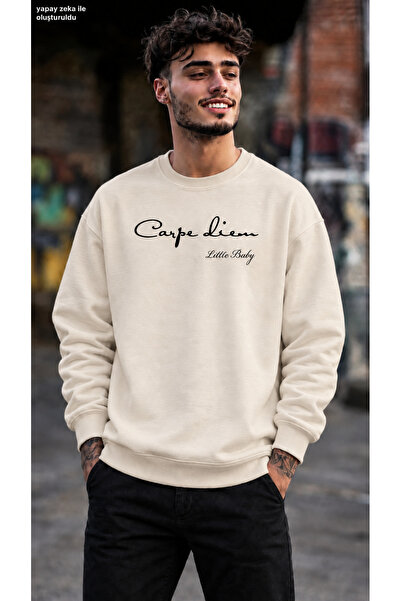 caddekombin Men's Carpe Diem Written Minimal Typographic Graphic Printed Crew...