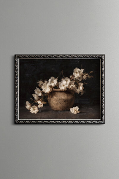 epiqart White Flowers in a Clay Vase - Vintage Patterned Painting - Fine Model