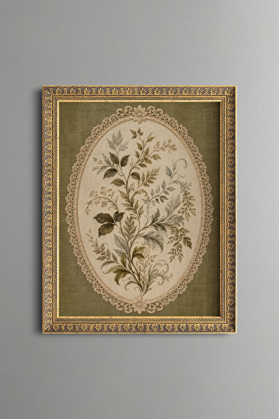 epiqart Oval Çerçevede Botanik Dallar - Vintage Desenli Tablo - İnce Model