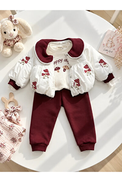 hümabebe Winter 3-Piece Baby Girl Set with Tiny Mushroom Embroidery and Puffy...
