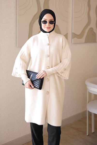 İmajButik Cream Double Sleeve Ribbed Angora Soft Cardigan
