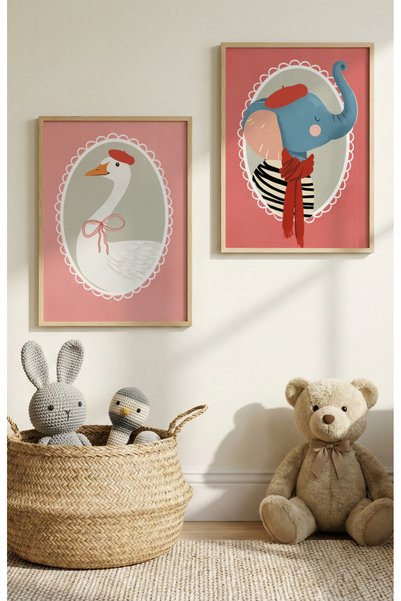 Hiruko Tasarım Atölyesi Fil ve Silly Goose Bebek ve Çocuk Odası Çerçeveli 2'l...