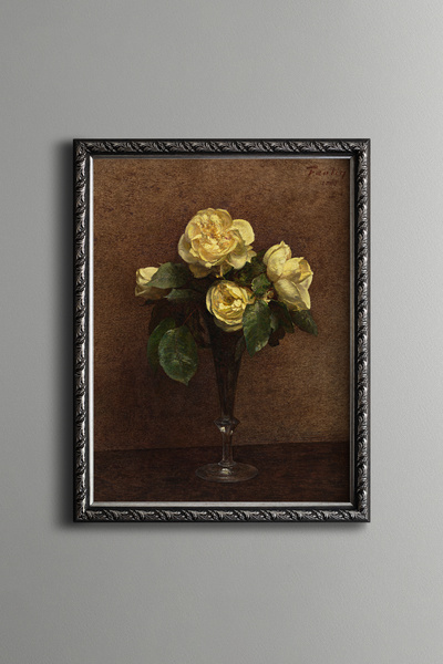 epiqart Yellow Roses in Glass Vase - Vintage Patterned Painting - Fine Model