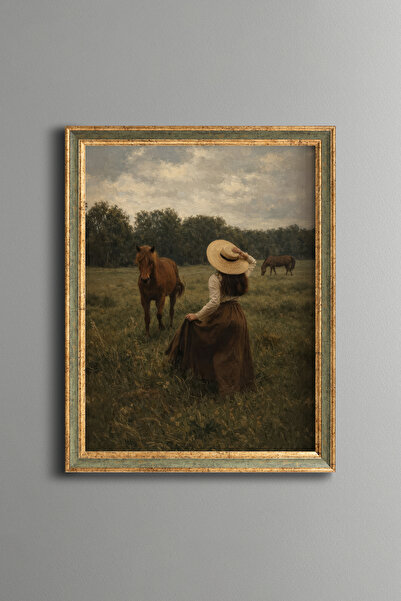 epiqart Young Woman with Straw Hat and Horses - Vintage Patterned Painting - ...