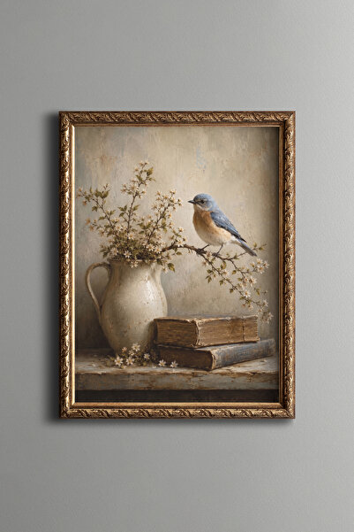 epiqart Blue Bird on a Flowering Branch and Old Books - Vintage Patterned Pai...