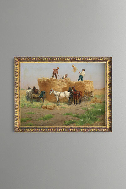 epiqart Harvest Time with Horse-Drawn Carts - Vintage Patterned Painting - Fi...