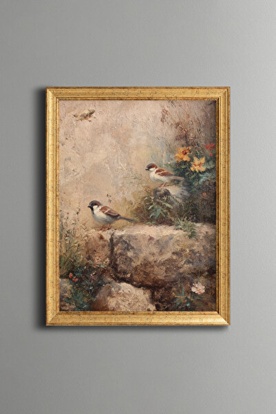 epiqart Two Sparrows among the Flowers - Vintage Patterned Painting - Fine Model