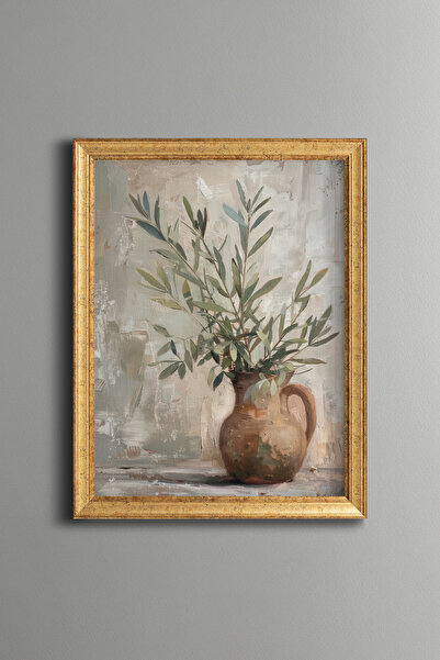 epiqart Olive Branches in Clay Vase - Vintage Patterned Painting - Fine Model