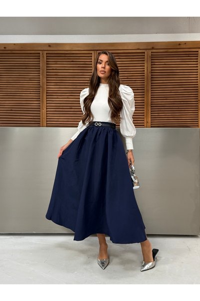 Hatun Atila Arka Beli Lastikli Kemerli Pileli Flare Maxi Etek 9065 - Lacivert