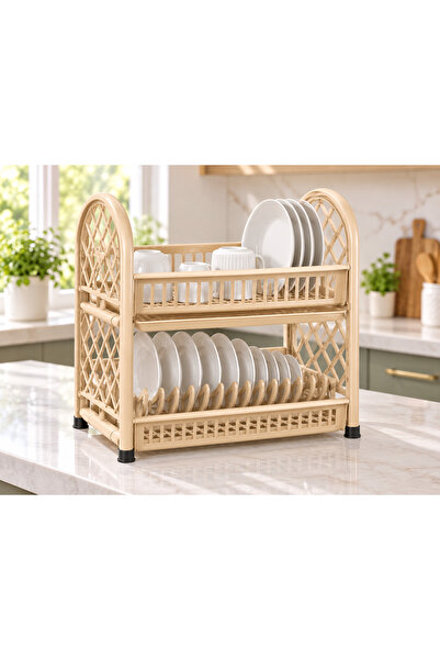 Dove Shelf Dish Storage Rack with Tray, Plastic Kitchen Dish Organizer, ,Beige