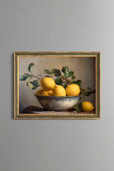epiqart Lemons in a Blue Patterned Bowl - Vintage Patterned Painting - Fine M...
