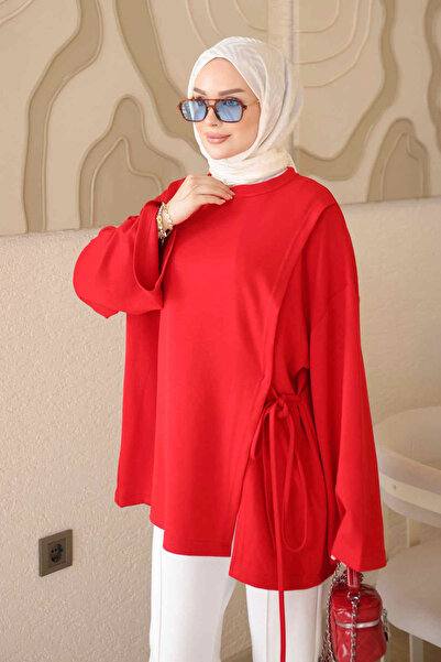 İmajButik Kırmızı Yan Biye Bağlamalı Modal Tunik