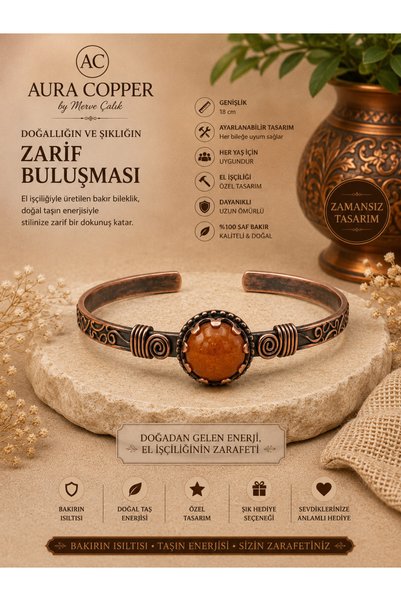 AURA COPPER Natural Stone Copper Bracelet 18 cm Adjustable Handmade Handcuff ...