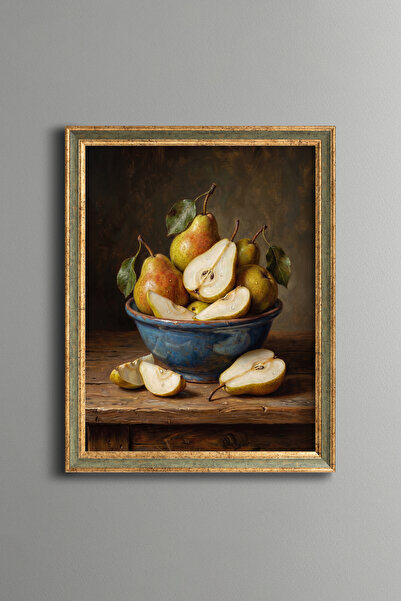 epiqart Still Life of Pears in a Blue Bowl - Vintage Patterned Painting - Fin...