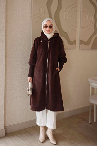 İmajButik معطف أنجورا بقلنسوة باللون البني
