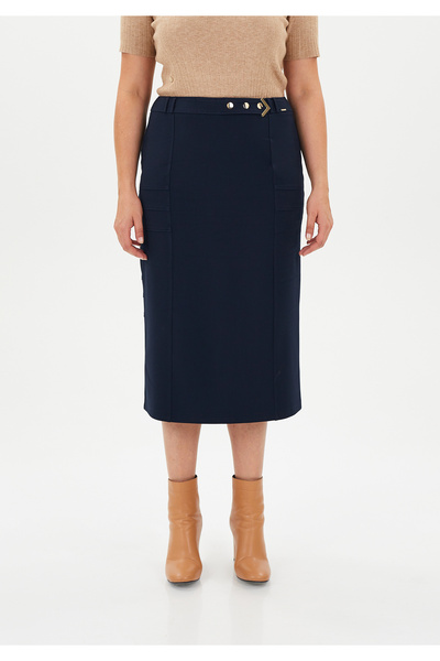 Guzella Gabardine Gold Accessory Pencil Midi Skirt