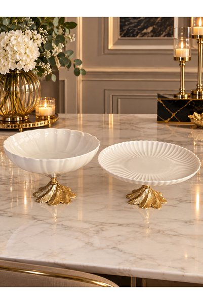 Sillage Home 25 cm Porselen Kase & 27 cm Servis Tabağı Metal Ayaklı Şık Sunum...