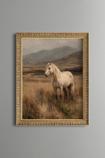 epiqart White Horse at the Edge of the Mountains - Vintage Patterned Painting...