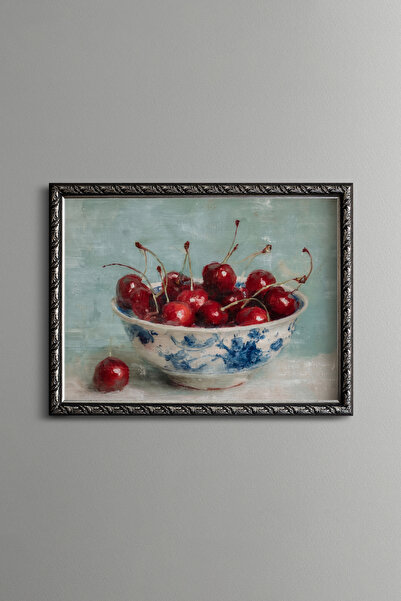 epiqart Cherries in Blue Porcelain Bowl - Vintage Patterned Painting - Fine M...
