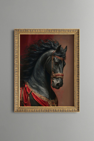 epiqart Black Horse Portrait - Vintage Patterned Painting - Fine Model
