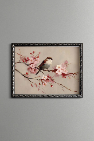 epiqart Bird on a Branch with Pink Flowers - Vintage Patterned Painting - Fin...