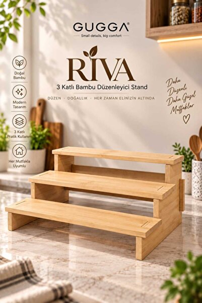 GUGGA Riva - 3 Katlı Bambu Demonte Baharatlık Mutfak Standı Düzenleyici 32 cm