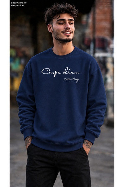 caddekombin Men's Carpe Diem Written Minimal Typographic Graphic Printed Crew...