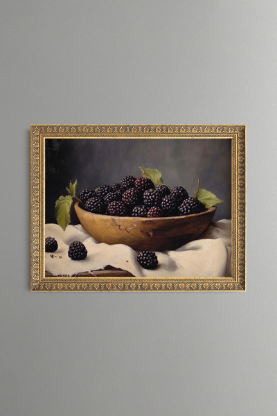 epiqart Blackberries in a Wooden Bowl - Vintage Patterned Painting - Fine Model