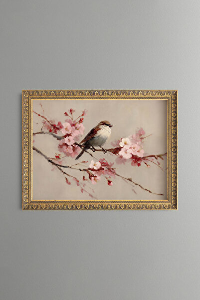 epiqart Bird on a Branch with Pink Flowers - Vintage Patterned Painting - Fin...