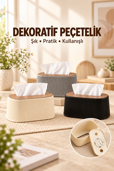 Doori Dekoratif Ahşap Görünümlü Kapaklı Peçetelik – Yaylı Masaüstü Mendil Kut...