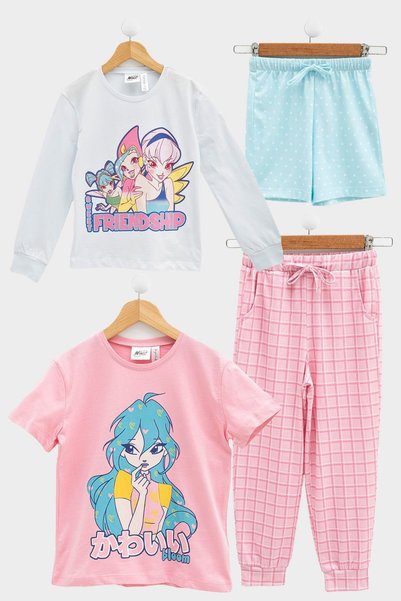 tuo picco 4'lü Winx Baskılı Tshirt Şort Pantolon Beyaz Takım