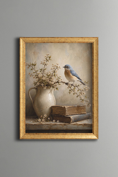 epiqart Blue Bird on a Flowering Branch and Old Books - Vintage Patterned Pai...