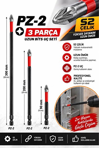 DepoMega 3 Parça PZ2 Uzun Bits Uç Seti 30-20-9 cm S2 Çelik Matkap Vidalama Ucu