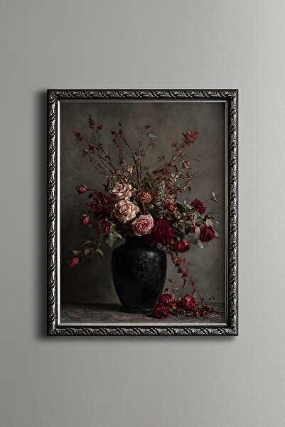 epiqart Pink and Burgundy Roses in a Black Vase - Vintage Patterned Painting ...