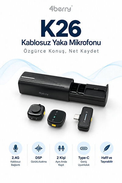4 Berry K26 Kablosuz Yaka Mikrofonu Type-C Çift Mikrofon Gürültü Azaltma Şarj...