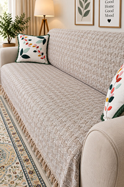 Bovia Home Geometrik Desenli Koltuk Örtüsü | Saçaklı Koltuk Şalı | Kaymaz Yık...