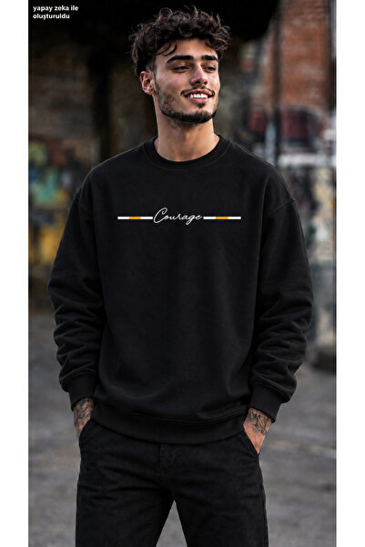 caddekombin Men's Courage Stripe Detailed Printed Crew Neck Casual Regular Fi...