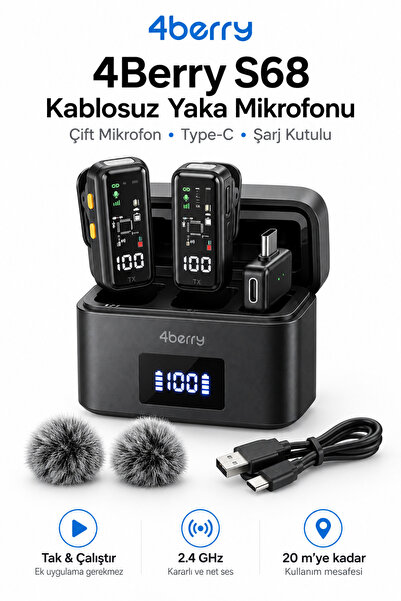 4 Berry S68 Kablosuz Yaka Mikrofonu – Çift Mikrofonlu Type-C, Şarj Kutulu 2.4...