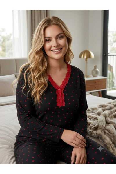 Asel Kadın Büyük Beden Uzun Kollu Desenli Dantel Detaylı Kaşkorse Kumaş Pijama Takımı