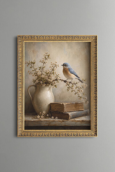 epiqart Blue Bird on a Flowering Branch and Old Books - Vintage Patterned Pai...