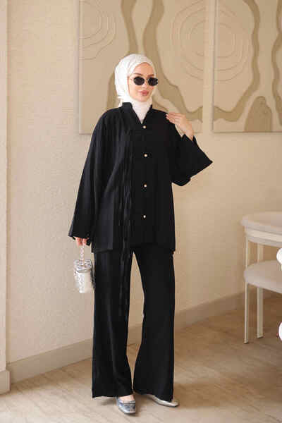 İmajButik Black Lace Detailed Tunic and Trousers Set