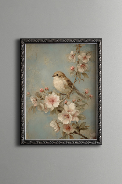 epiqart Little Bird among Spring Flowers - Vintage Patterned Painting - Fine ...