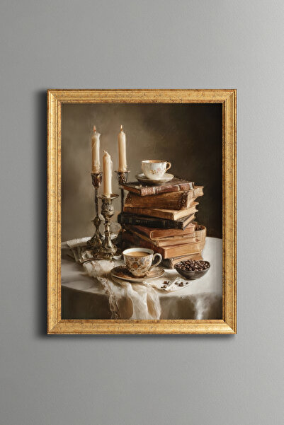 epiqart Book and Coffee by Candlelight - Vintage Patterned Painting - Fine Model