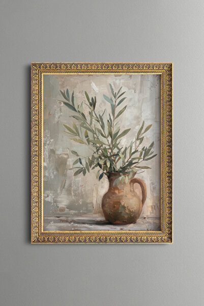 epiqart Olive Branches in Clay Vase - Vintage Patterned Painting - Fine Model